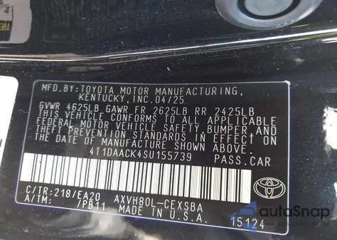 2025 Toyota Camry Se from USA, damaged, VIN 4T1DAACK4SU155739